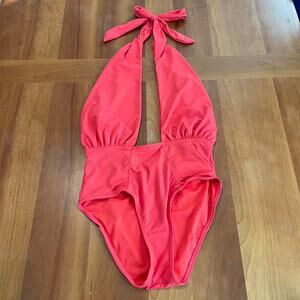 Envya Coral Halter One Piece Swimsuit Womens Small Plunge Tie Neck Open Back